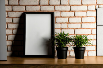 an example of a two picture frame that is empty. mockup against a brick wall on a wooden shelf. a li