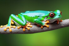 White Lipped Tree Frog On Branch, Green Tree Frog Front View, Animals Closeup. Generative AI