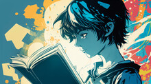 Illustration Of Happy Boy Reading A Book. Japanese Anime Or Manga Style Illustration Of A Teenager Reading A Novel. Drawing With Lights And Shadows. Handsome Guy. Generative Ai.
