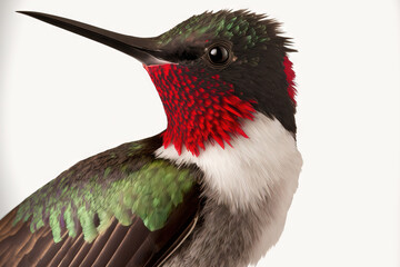 Sticker - Detailed cutout of a mature male Ruby throated Hummingbird (Archilochus colubris) with red neck gorgets on a white backdrop. Generative AI