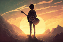 Illustration Painting Of A Boy Standing With Guitar Against The Sunset Background (ai Generated)