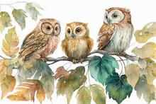 Three Owls On A Branch Watercolor, Generative AI