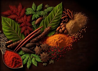 Wall Mural - Indian plants and spices are the setting. texture of seasonings for a webpage header. Generative AI