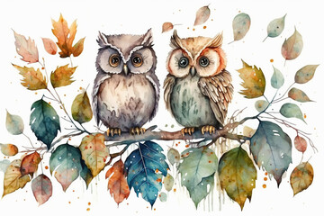 Wall Mural - Two little owls on a branch watercolor, Generative AI