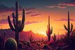 Cactus Sunset Desert Background, Stunning Landscape, Sunset, Sunrise, Pink and Orange Skies, Mountains, Screensaver, Desktop, Colorful Graphic Art Print