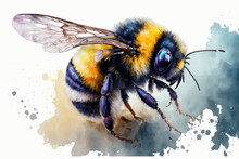 On A White Background, A Bumblebee Is Depicted In Watercolor. Generative AI