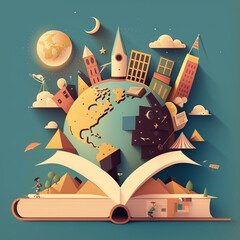 Canvas Print - Flat design cartoon World Book Day illustration. Open book with stories coming out of the pages. AI generated