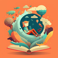 flat design cartoon world book day illustration. open book with stories coming out of the pages. ai 