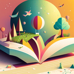 Sticker - Flat design cartoon World Book Day illustration. Open book with stories coming out of the pages. AI generated