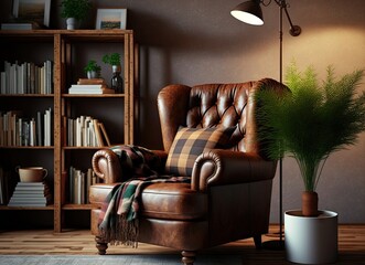 Canvas Print - Interior of living room with two comfortable brown leather recliners covered in plaid, a floor lamp, a bookshelf, and a brown wall. Generative AI