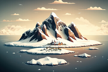 Wall Mural - example of a snowy island commercial. solitary mountains covered with snow. background in travel and