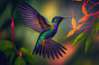 The shiny colored, fiery throated hummingbird Panterpe insignis is in flight. Bird consumes liquid from crocosmia. Tropical woodland flight action scene with wildlife. Costa Rican mountain colorful an