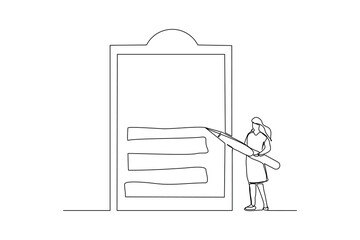 Wall Mural - Continuous single one line drawing art of business woman holding big pencil and big clip board of checklist paper. Vector illustration of complete task list successful.