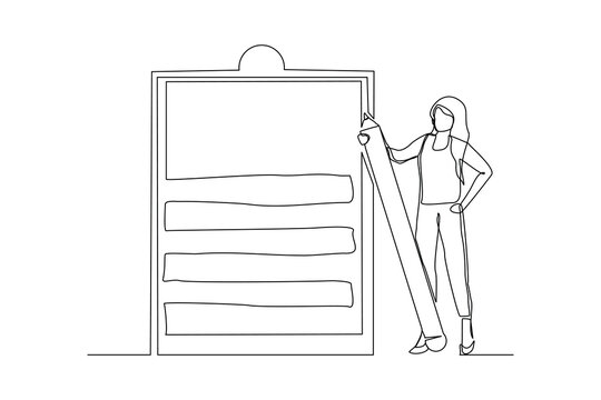 Continuous single one line drawing art of business woman holding big pencil and big clip board of checklist paper. Vector illustration of complete task list successful.