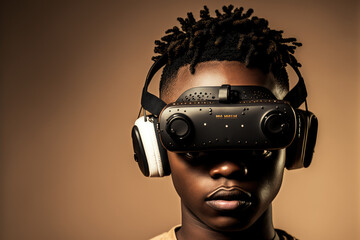 Wall Mural - African man wearing virtual reality goggles standing studio clean background . Concept of virtual reality technology , gaming simulation and metaverse. Peculiar AI generative image.