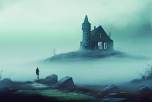 A Man Walking Towards A Deserted Church Ruins In The Fog, Generative AI