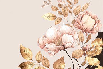 Wall Mural - Background of watercolor spring florals. With pink flowers, line art, and a golden texture, this wallpaper is luxurious. Illustration of elegant gold bloom flowers that would look great on cloth or in