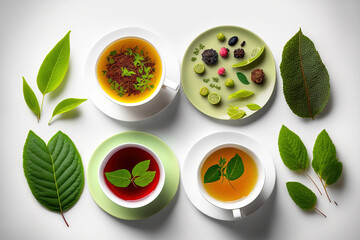 Wall Mural - Tea cups, including green and black tea, fruit and herbal teas, sencha, hibiscus, and ginger, are artistically arranged on a white background. Lay flat. notion of food. Generative AI