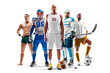 Sport collage. Basketball, american football, hockey, MMA, soccer. Professional athletes. Isolated in white