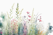 Meadow In Summer. Horizontal Border Of Adorable Watercolor Flowers On A White Background. Drawing For A Card, Border, Banner, Or Other Design Of Yours. Generative AI