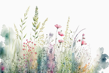 meadow in summer. horizontal border of adorable watercolor flowers on a white background. drawing fo