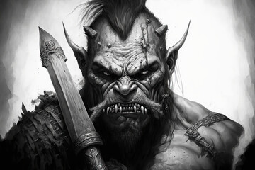 Wall Mural - Ax wielding orc. Imaginative pencil sketch. Illustration of a monstrous beast. Generative AI