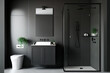 Front view on blank light grey wall with place for poster in stylish monochrome bathroom with dark sink cabinet, shower with glass partition and ceramic tiles wall background. , mock up. Generative AI
