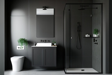 Poster - Front view on blank light grey wall with place for poster in stylish monochrome bathroom with dark sink cabinet, shower with glass partition and ceramic tiles wall background. , mock up. Generative AI