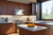 © Porscifant Art - Modern Kitchen, White Counter Top, Wood Cupboards, City in Daylight Outside Window Generative AI Illustration