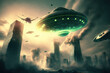 Illustration showing an attack by flying alien UFO saucers on a city. Generative AI