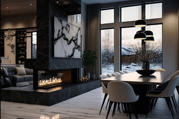 Modern living room with an open concept to the kitchen and dining area, as well as a marble fireplace with gas fire. Generative AI