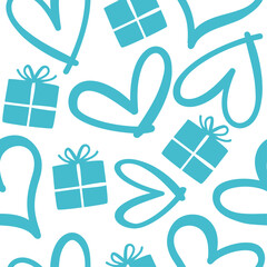 Wall Mural - blue heart and gift box seamless pattern, vector hand drawn illustration.
