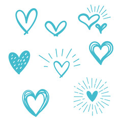 Wall Mural - blue hearts icon set, vector hand drawn illustration.