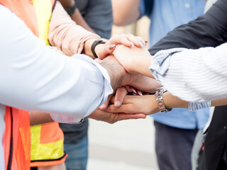 Wall Mural - Touch hand shake finger arm symbol teamwork group business support community friendship together partner colleague social connection businessman businesswoman diversity relation strategy motivation 