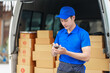 © M+Isolation+Photo - Delivery man asia people checking portable delivery device with parcel box to customer home address. typing message, using mobile smartphone