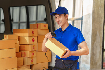 Delivery man asia people checking portable delivery device with parcel box to customer home address.