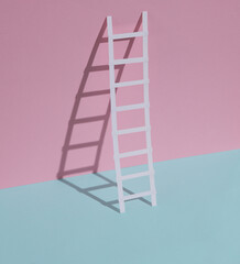 Paper ladder on a blue-pink pastel background. Creative layout, business, career growth concept