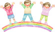 虹の上に立って両手を挙げてバンザイをしている笑顔の子供たちのイラスト
