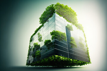 Sticker - eco friendly construction in a contemporary metropolis. A sustainable glass building with green tree branches and leaves for lowering heat and carbon dioxide. Green workplace office building. Green li