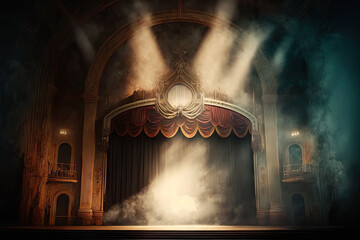 Wall Mural - Before the show, the theater's empty stage was lighted by lighting and smoke. Generative AI