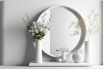 Poster - Mockup of a minimalist white living room shelf. interior house decor for the living room. a cozy internal shelf, a round mirror, a lamp, and flowers. Modern white wall with no furniture. Space backdro