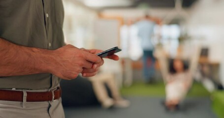 Aufkleber - Phone, startup workspace and man hands typing in creative networking, social media or email on mobile chat. Busy, planning and worker, person or employee hand holding smartphone for app communication