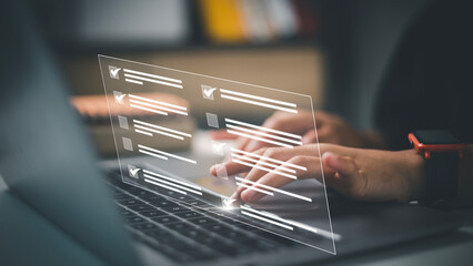businesswoman take an assessment, questionnaire, evaluation, online survey online exam choosing the 
