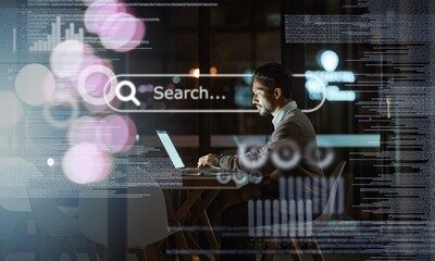 Aufkleber - Stock market, overlay or man networking to search for trading news on internet, website or online in office. Night, laptop or focused trader researching financial information or forex data on iot ai