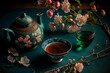 Traditional Asian tea ceremony apple blossom flowers. Generative AI