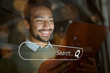 Poster - Digital marketing, overlay or man networking to search for content on internet, website or online in office. Night, tablet or happy worker with smile researching SEO information or tech data on iot