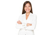 © Maridav - Confident smiling young Asian businesswoman in a stylish white suit standing with her arms folded isolated cutout PNG on transparent background.