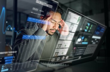 Poster - Overlay, dashboard or trader with stress, headache or burnout from trading data, bad investment or stocks. Anxiety, debt or frustrated man with digital ui or ux on financial loss on screen at night
