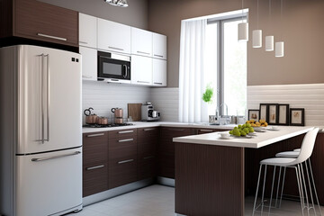 Poster - Modern style kitchen interior design,White and brown modern kitchen. Generative AI