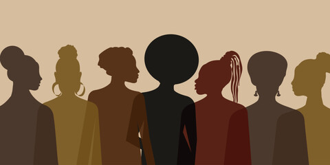 Wall Mural - Celebrating Black History Month. Silhouettes of women from different countries and religions stand for equality and freedoms. Vector.